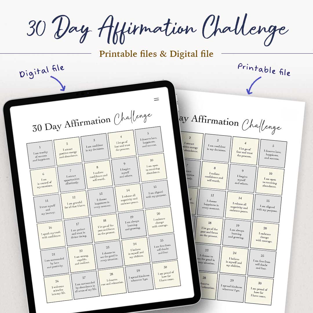 30 Day Affirmation Challenge Package, Digital and Printable Journal and Activities, Gratitude worksheet, Daily Exercise and more