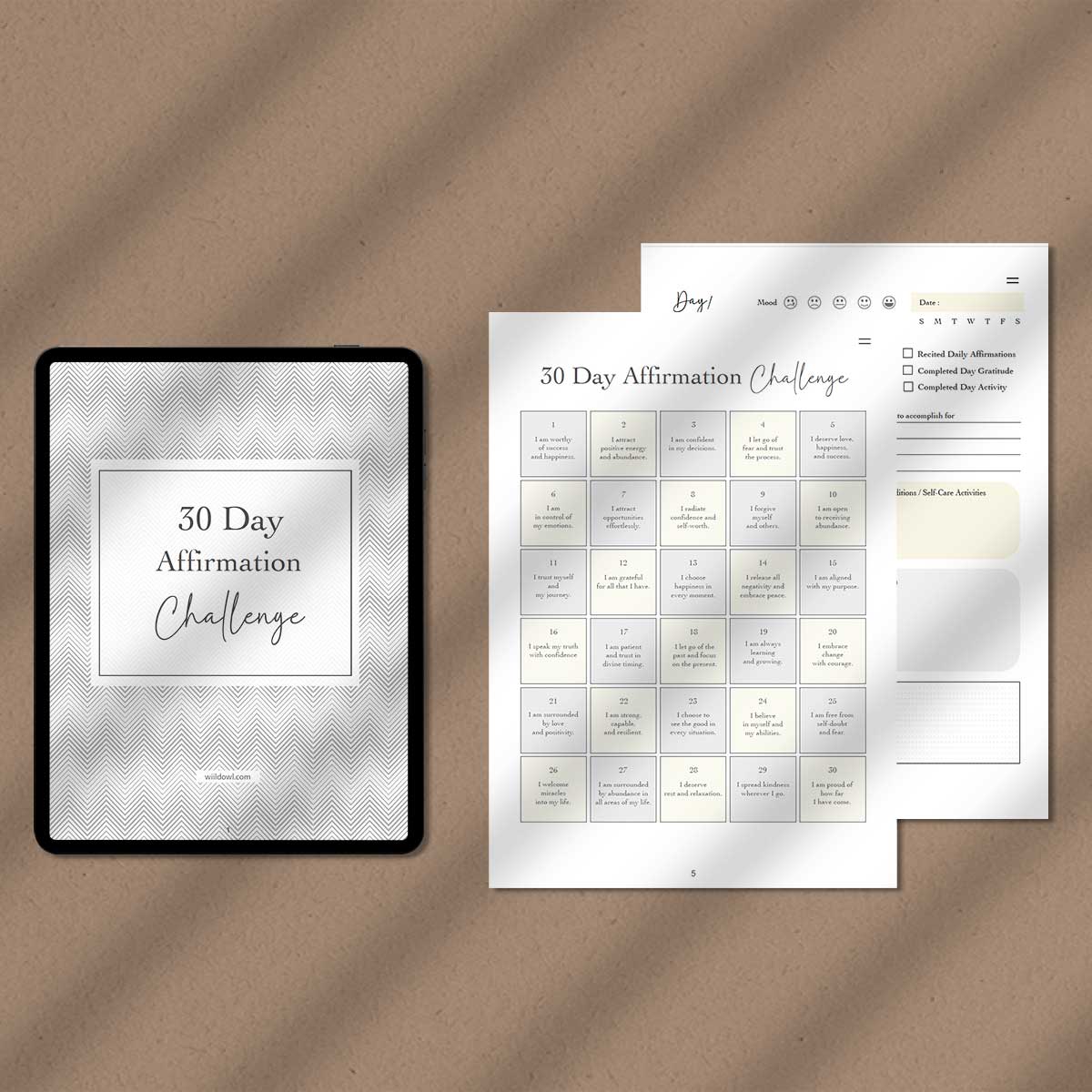30 Day Affirmation Challenge Package, Digital and Printable Journal and Activities, Gratitude worksheet, Daily Exercise and more