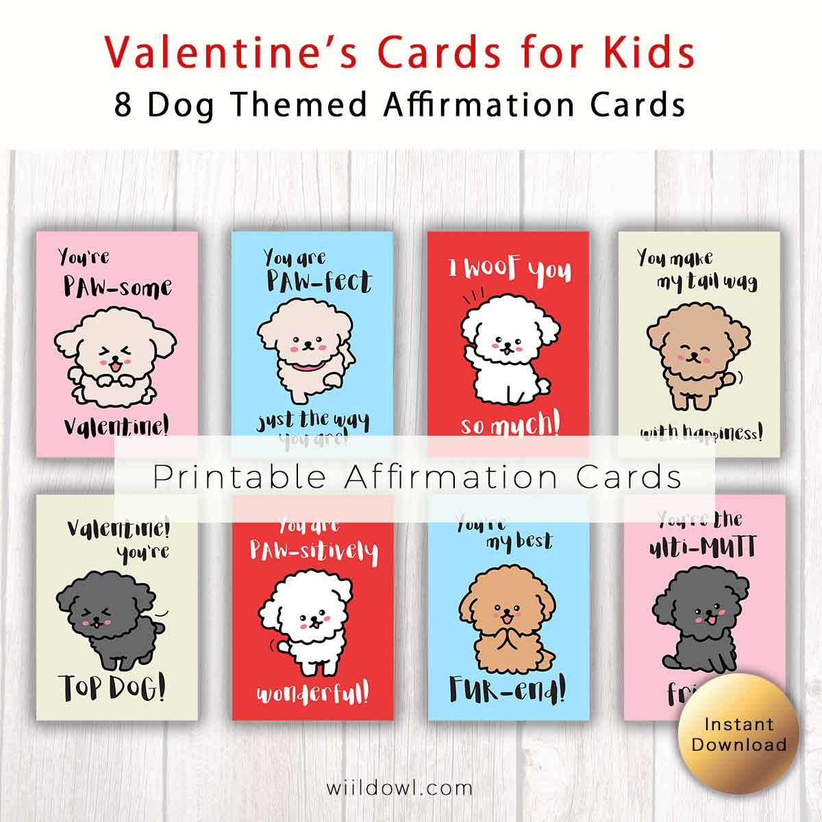 Dog-Themed Printable Valentine Affirmation Cards for Kids and School