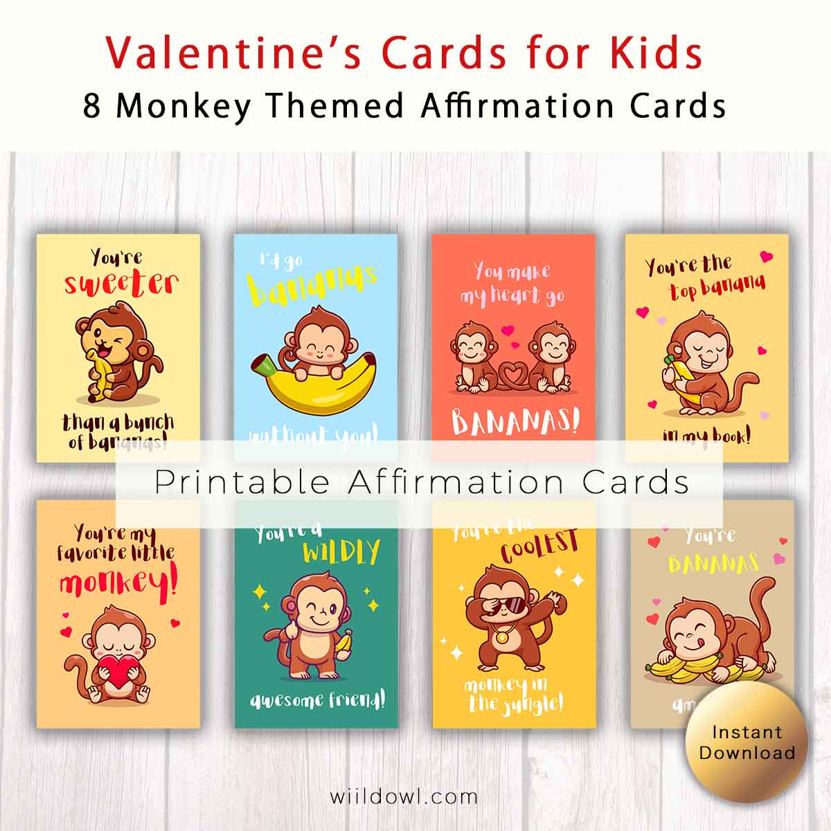 Monkey-Themed Printable Valentine Affirmation Cards for Kids and School