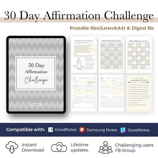 30 Day Affirmation Challenge Package, Digital and Printable Journal and Activities, Gratitude worksheet, Daily Exercise and more